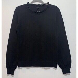 TALBOTS Womens Sweater Long Sleeve Black Ruffled Neck Size X-Small Cotton Wool